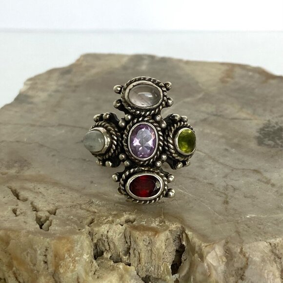 Sterling Silver 925 Garnet Peridot Multi Gemstone Cluster Statement Ring Sz 8.75 - Picture 12 of 16